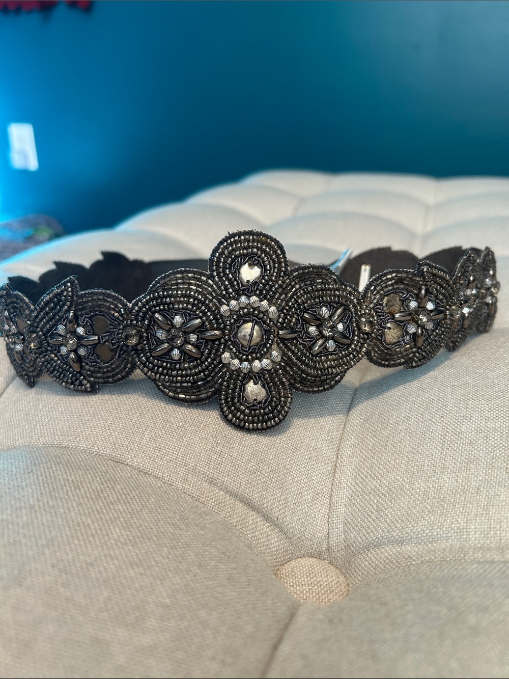 Beaded Black Floral Belt